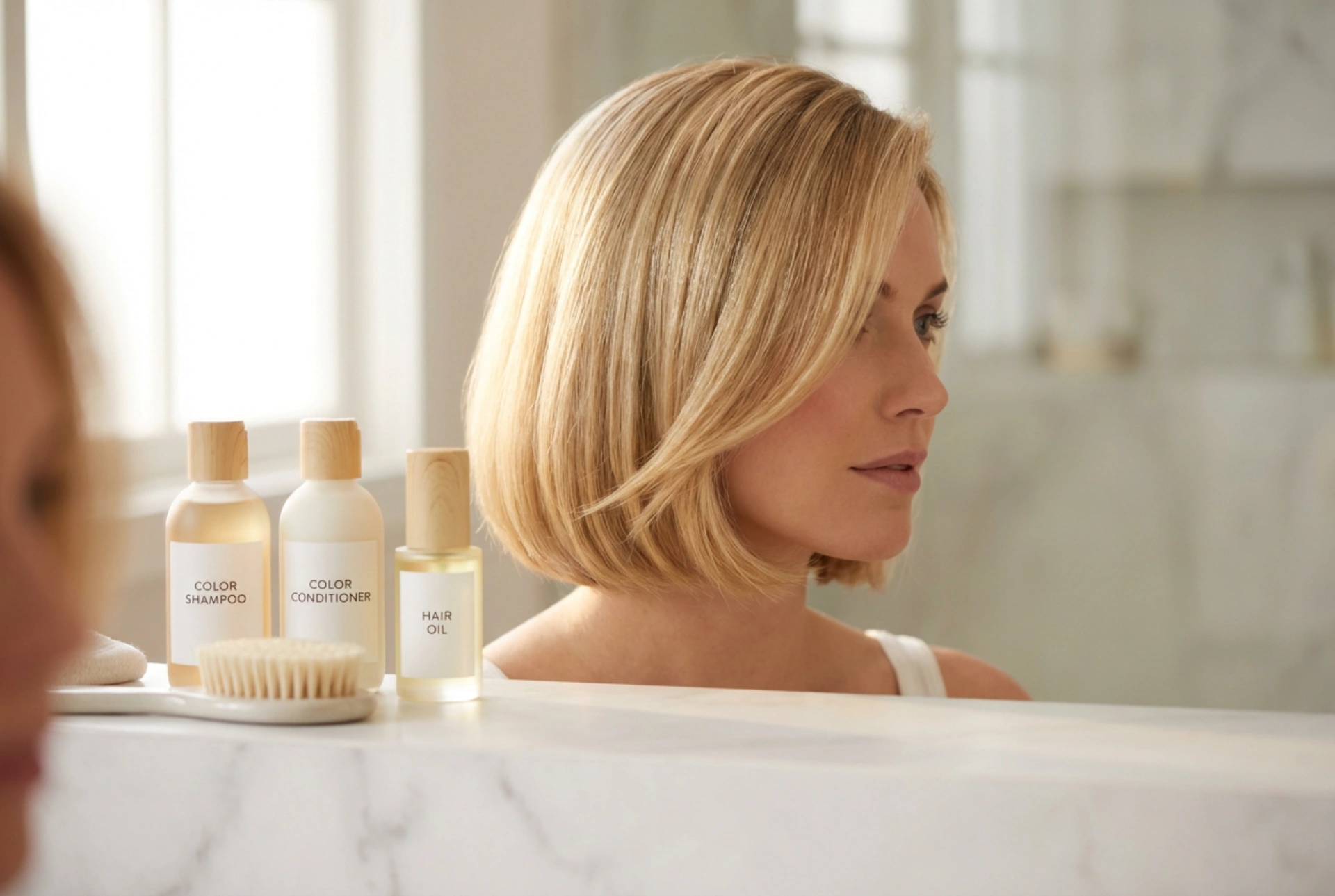 Kort blondt hår: styling med fargebeskyttelse og glans