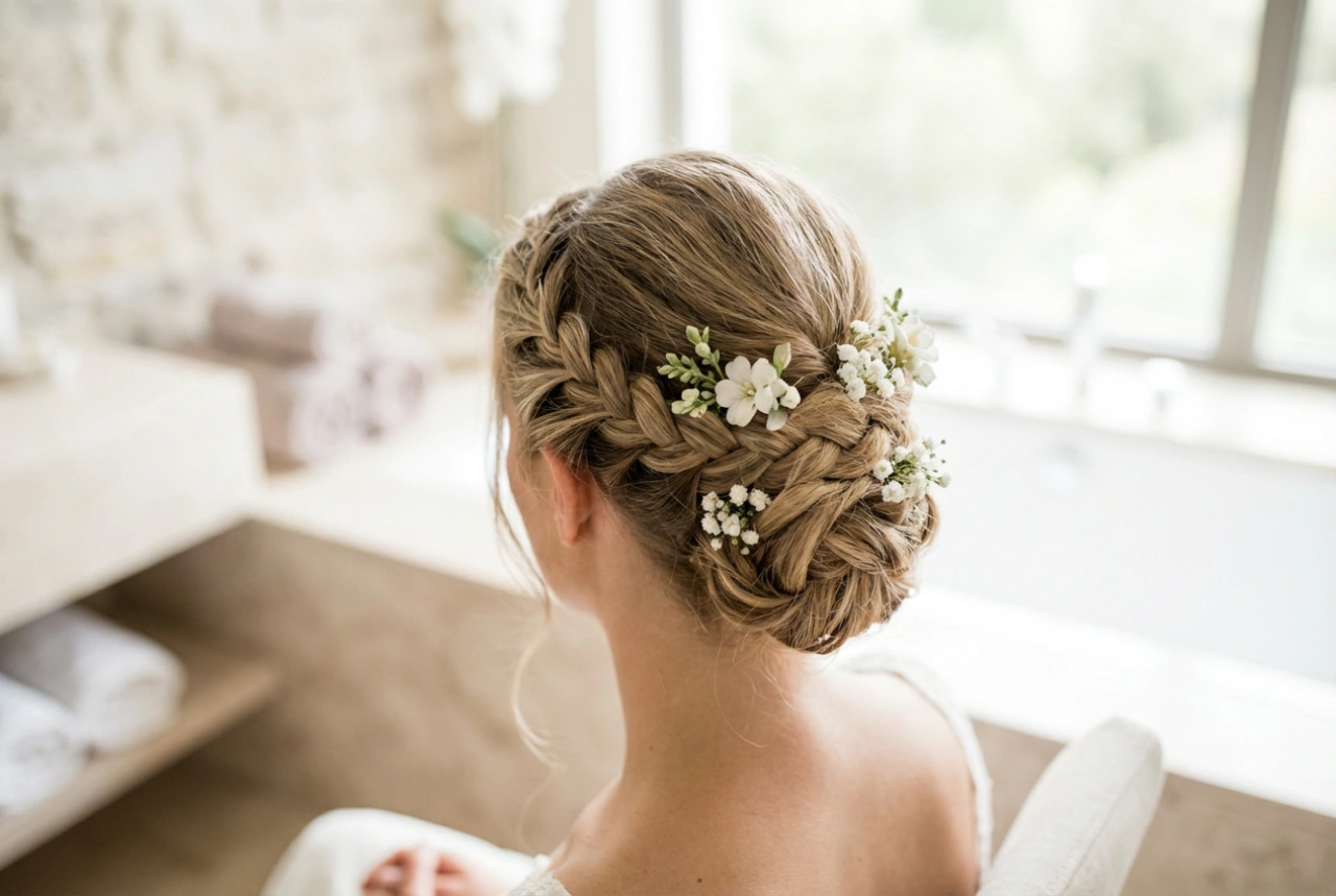 Brudefrisyre med blomsterkrans: Slik fester du flettene og blomstene