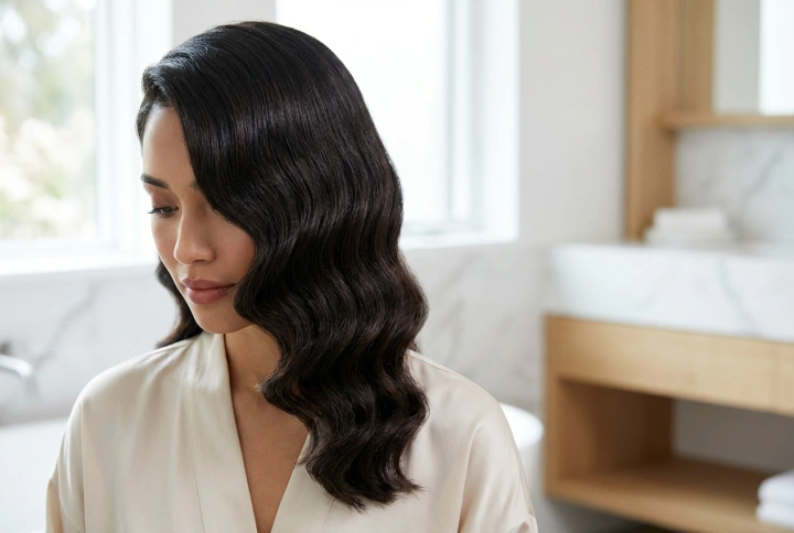 Frisyre i 1920-tallsstil: vannbølger, sideskill og en skinnende finish