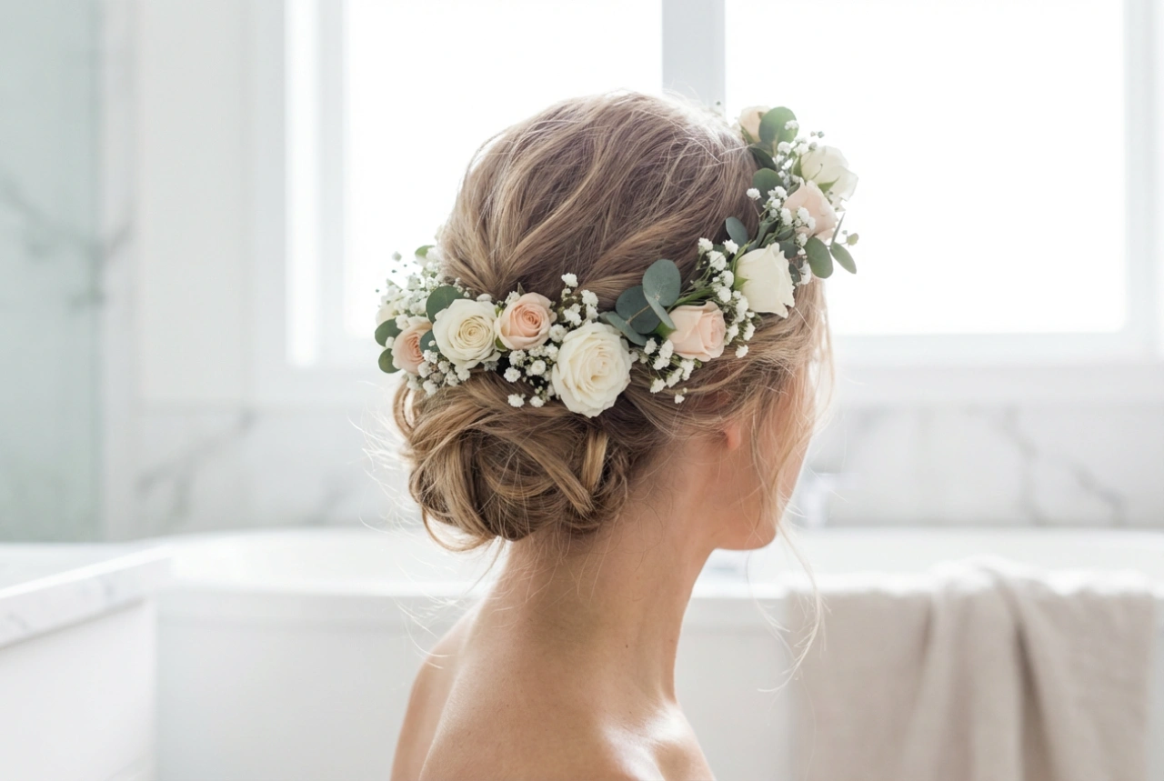 Romantiske oppsatte frisyrer: Slik styler du hår med blomsterkrans til bryllup og sommer