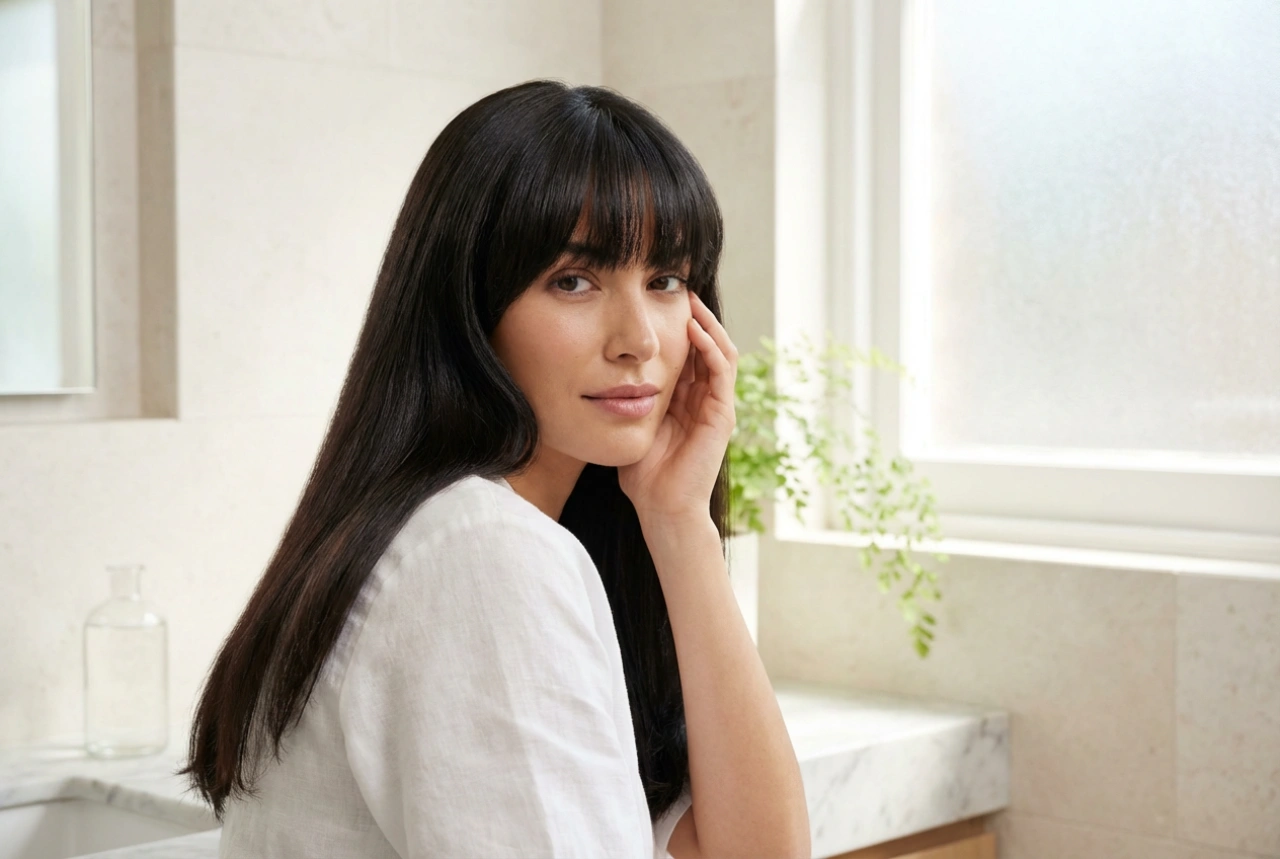 Langt hår med pannelugg: styling, volum ved røttene og glatting