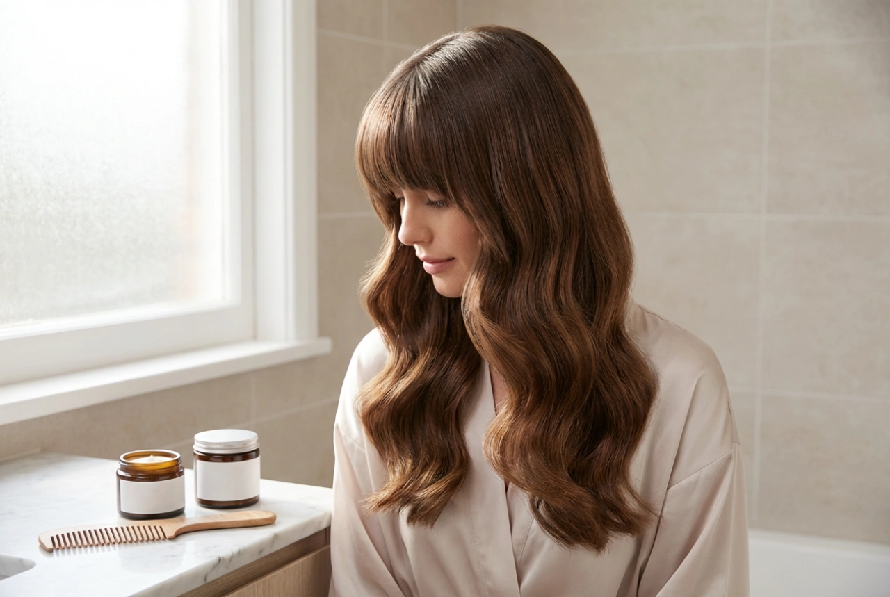 Styling av langt hår med pannelugg: bølger, glatting og hold