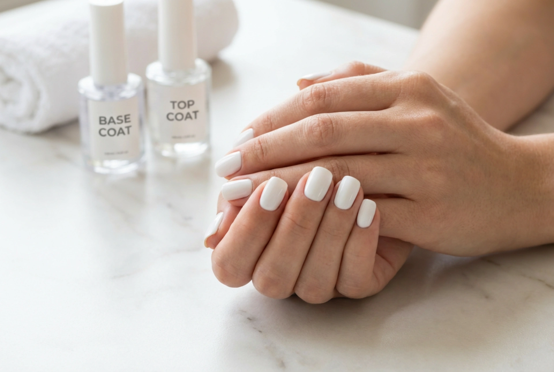 Hvite gel-negler uten striper: basecoat, to tynne lag og topcoat