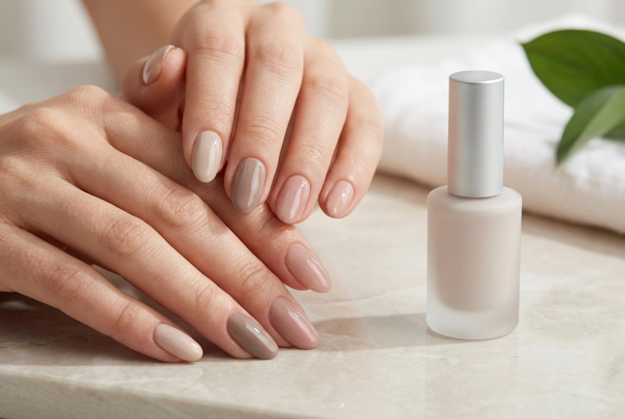Naturlig hybridmanikyr: nude-nyanser, tynne lag og en glansfull finish
