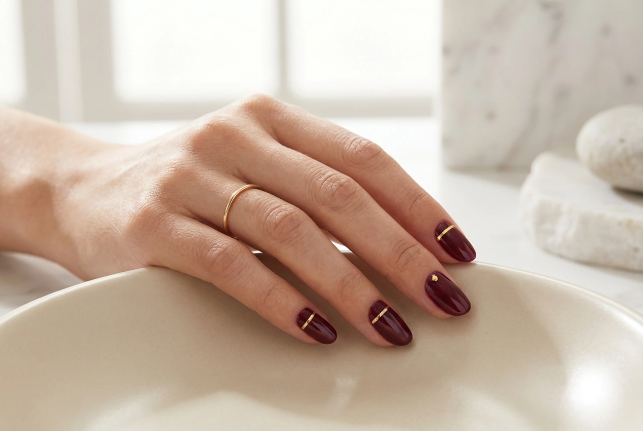 Burgunderrøde negler med gullaksent: kombinasjoner og teknikker