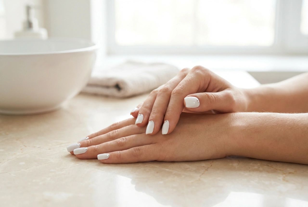 Hvite negler med rhinsteiner: forberedelse, påføring og sikring