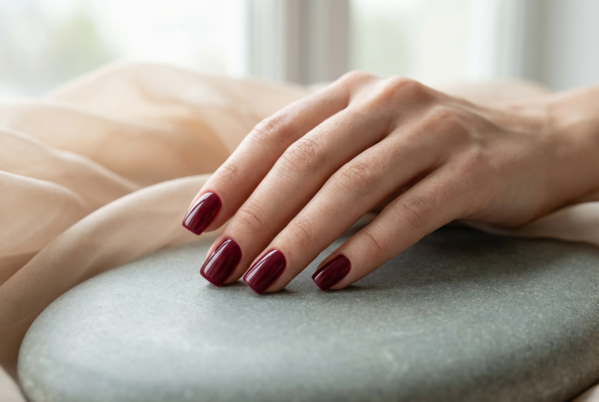 Firkantede burgunder negler: forme, lakkere, topplakk