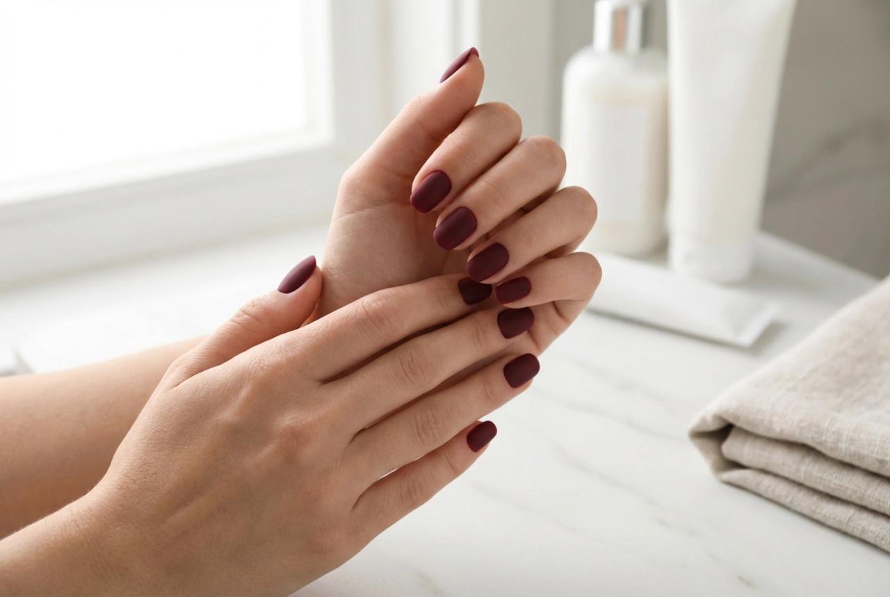 Matte burgunder negler: hvordan unngå striper og fingeravtrykk