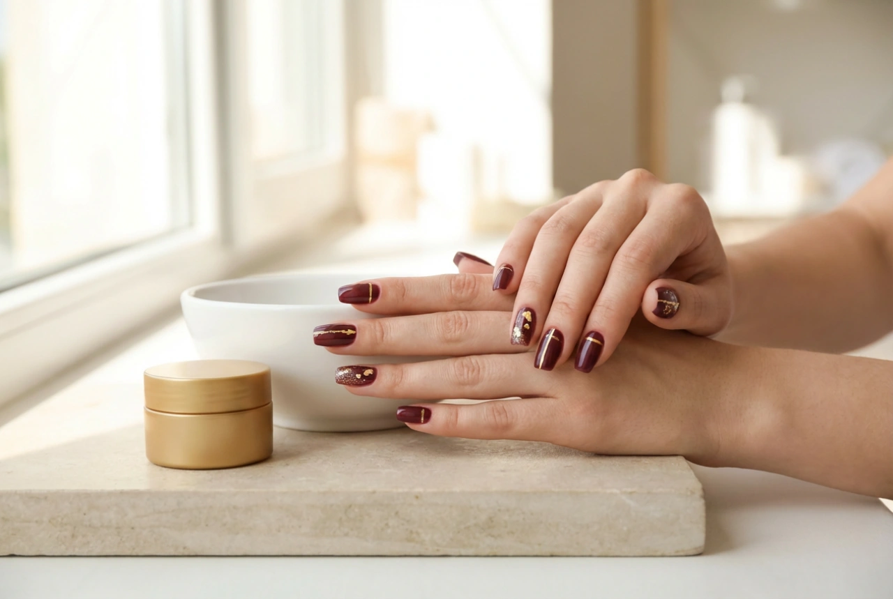 Burgunder negler med gull: Tynne linjer, folie og glitter