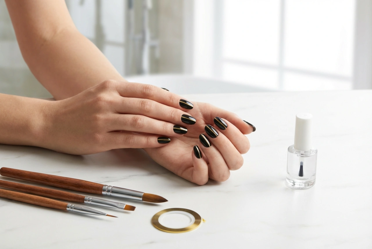 En gullstripe på svarte negler: Tape, pensler og topplakk