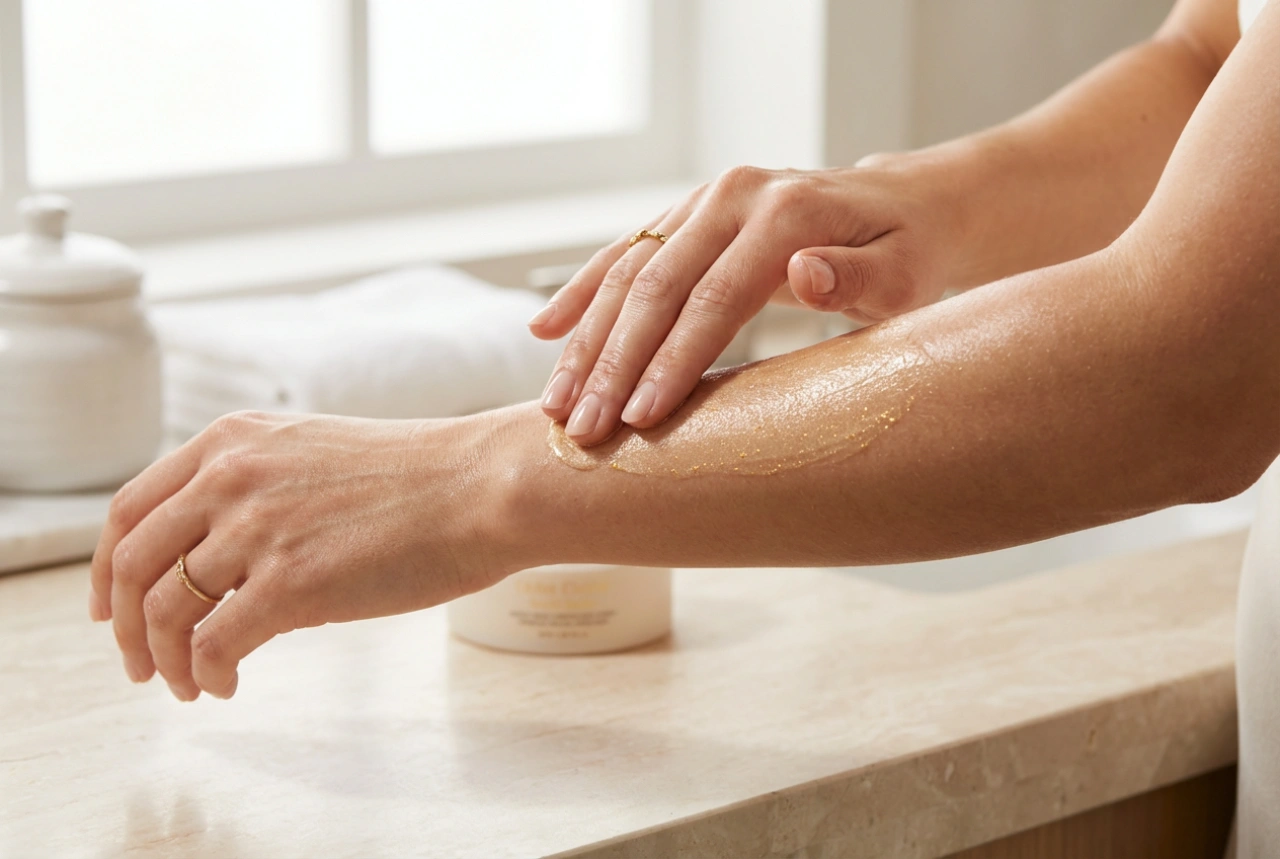 Balsam med gullpartikler: Slik oppnår du en subtil glød uten flekker