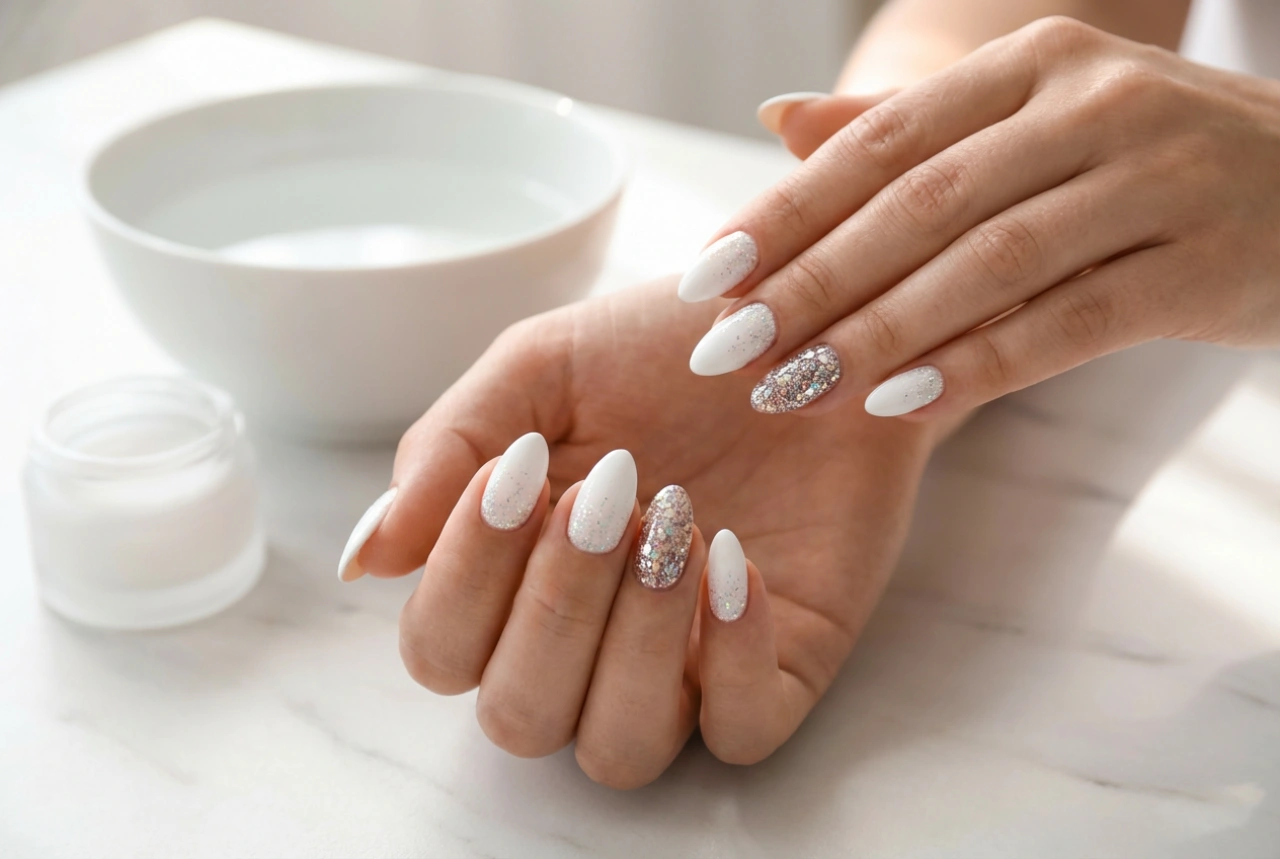 Hvite negler med glitter: Fra subtile aksenter til full dekning