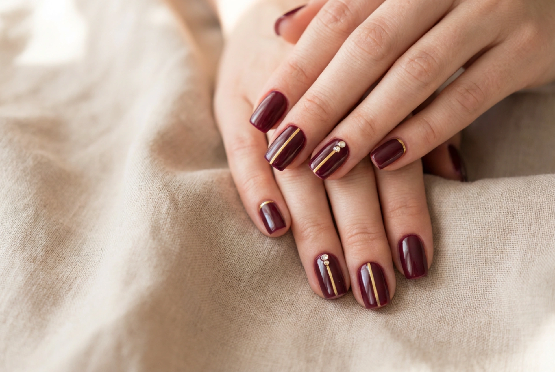 Burgunder negler med gull: luksuriøse detaljer, striper og rhinestones