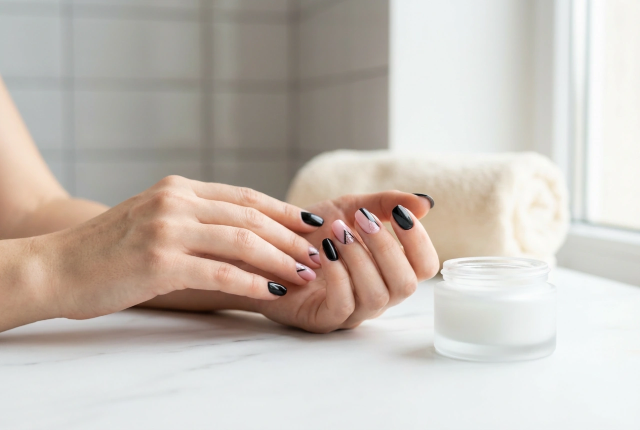 Svarte og rosa negler: Geometriske detaljer og glitter trinn for trinn