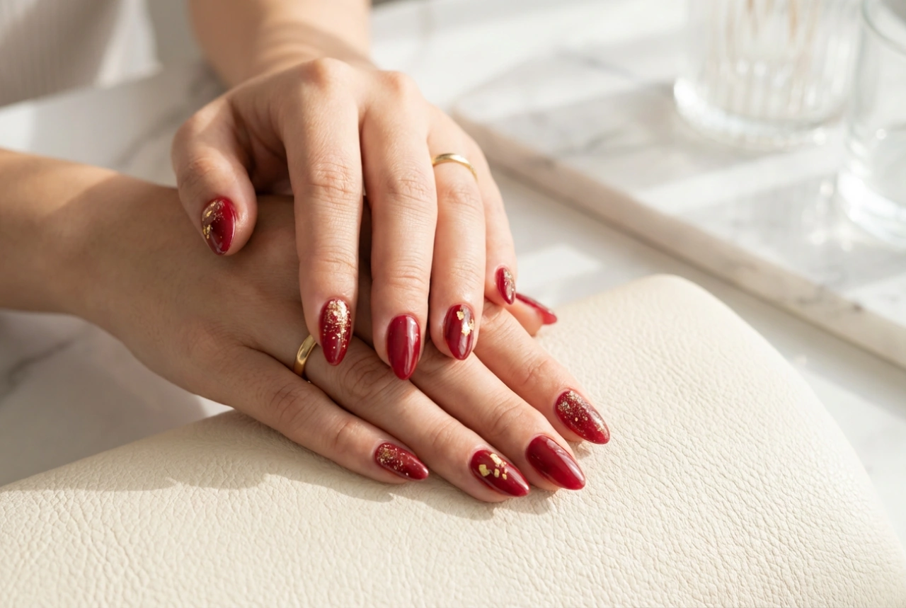 Røde negler med gulldetaljer: Slik bruker du glitter, folie og dekorasjoner