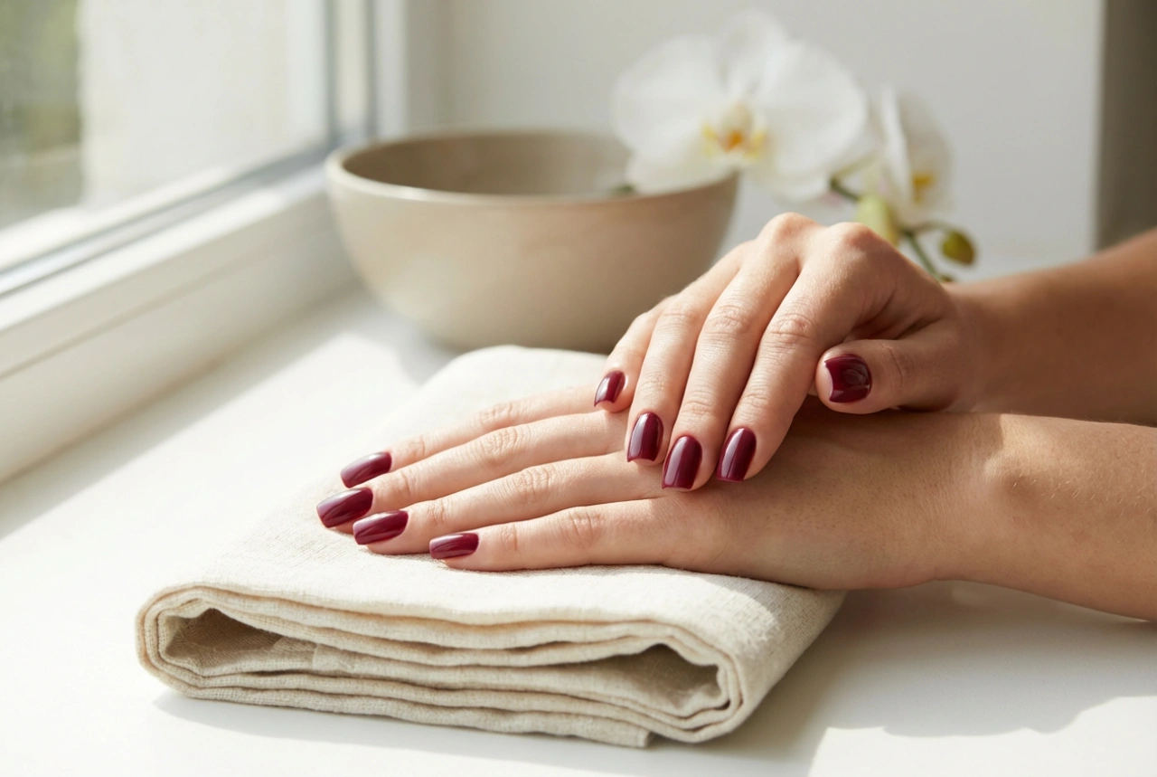 Burgunderfargede firkantede negler: Hvordan file formen og lakkere uten søl