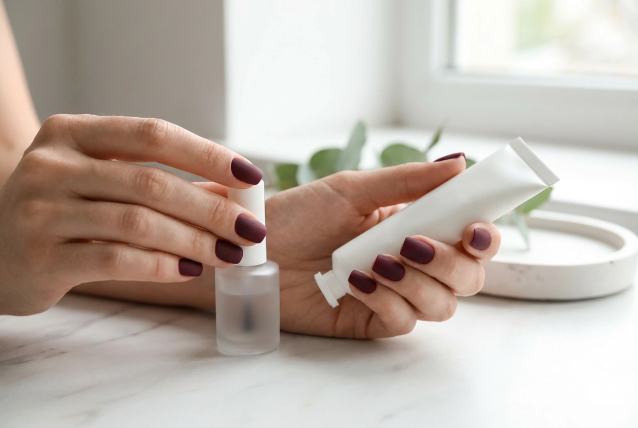 Matte burgunderfargede negler: glatt base, valg av topplakk og pleie etter lakkering