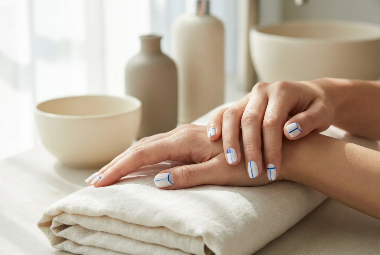Blå og hvite negler: enkle design og rene linjer
