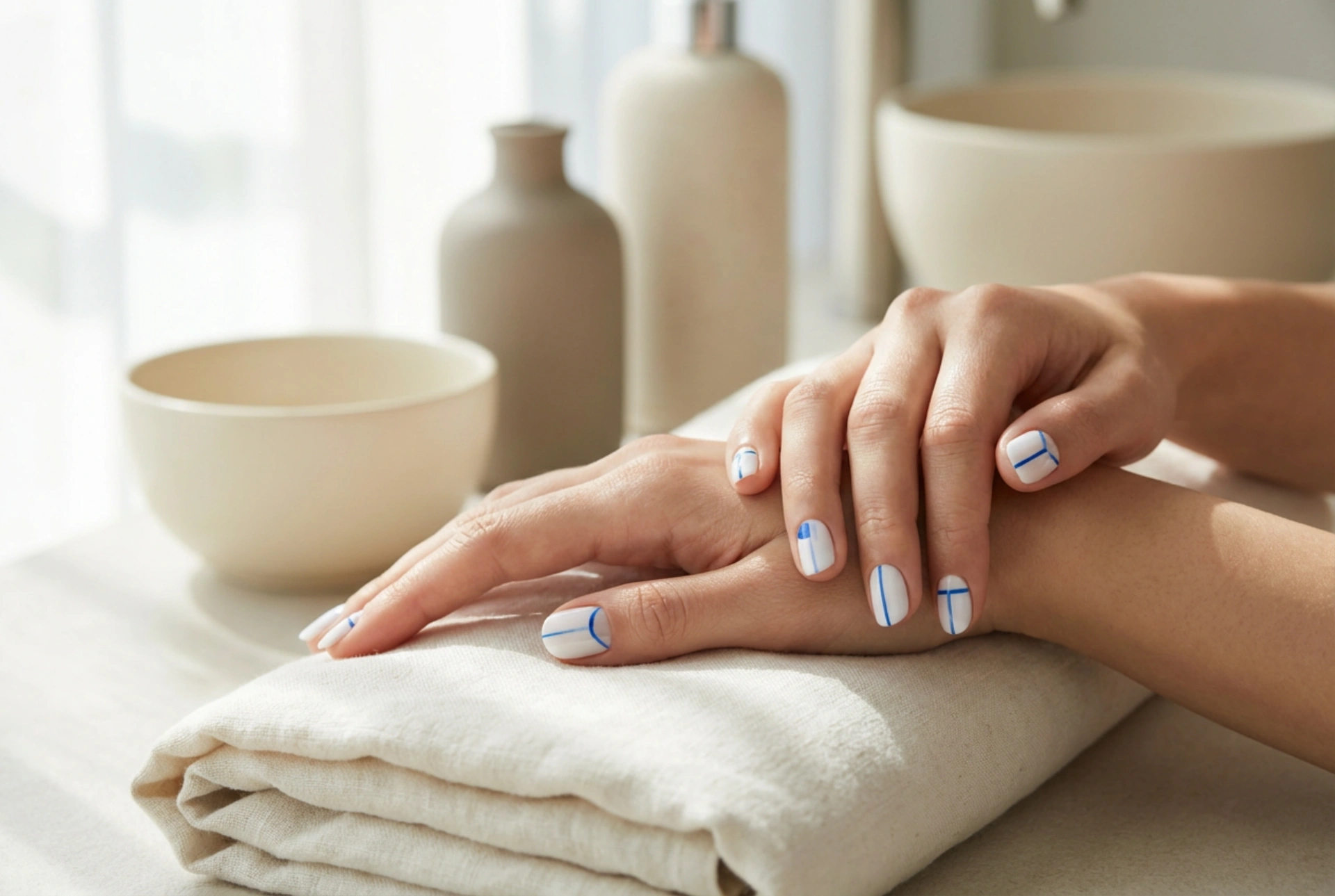 Blå og hvite negler: enkle design og rene linjer