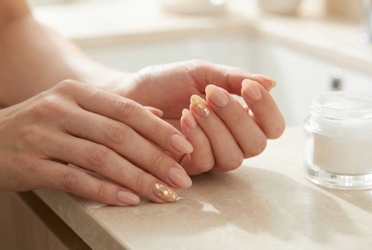 Nude negler med gull: Elegante detaljer, folie og skimmer