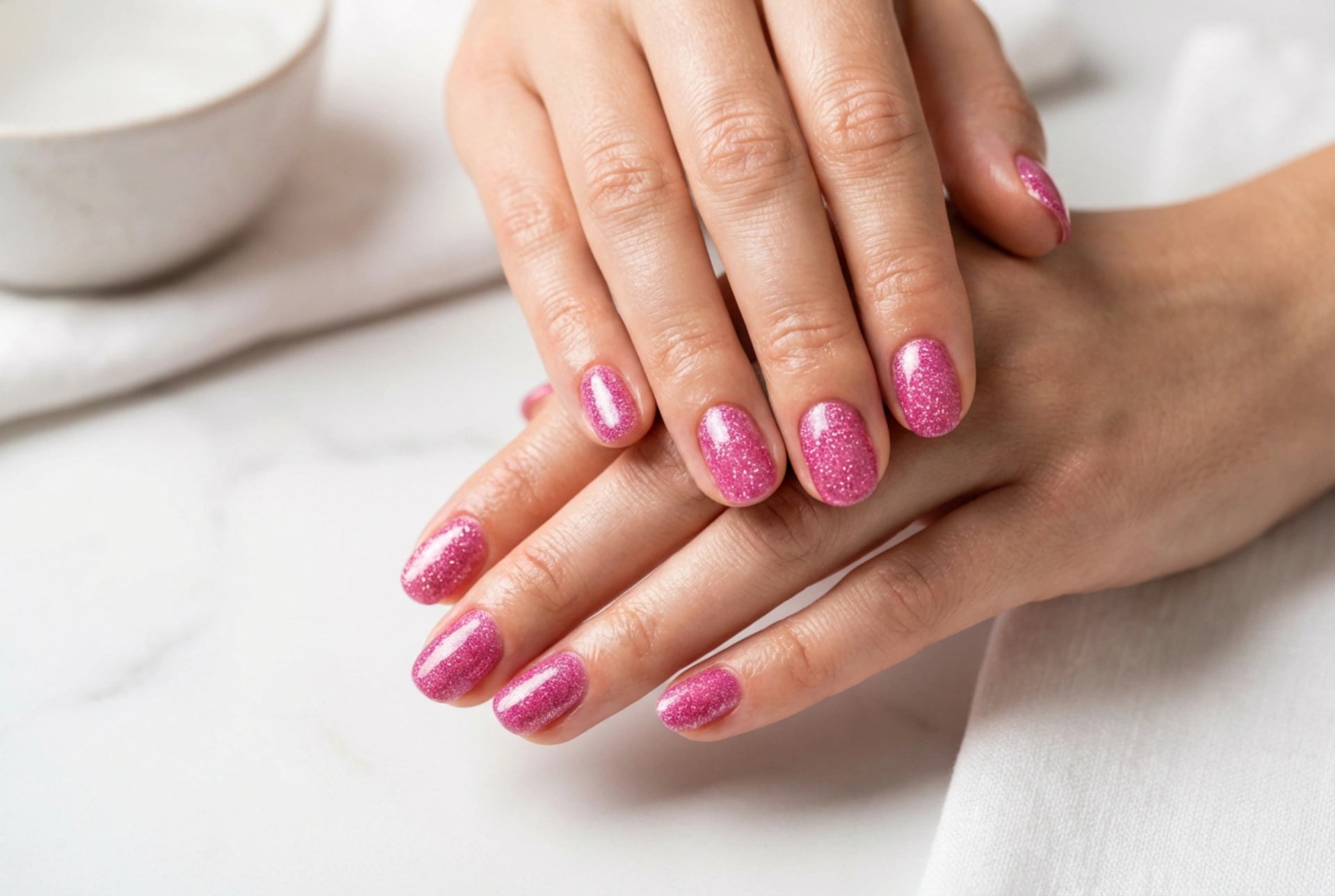 Glitternegler i rosa: Jevn dekning og glitrende topplakk