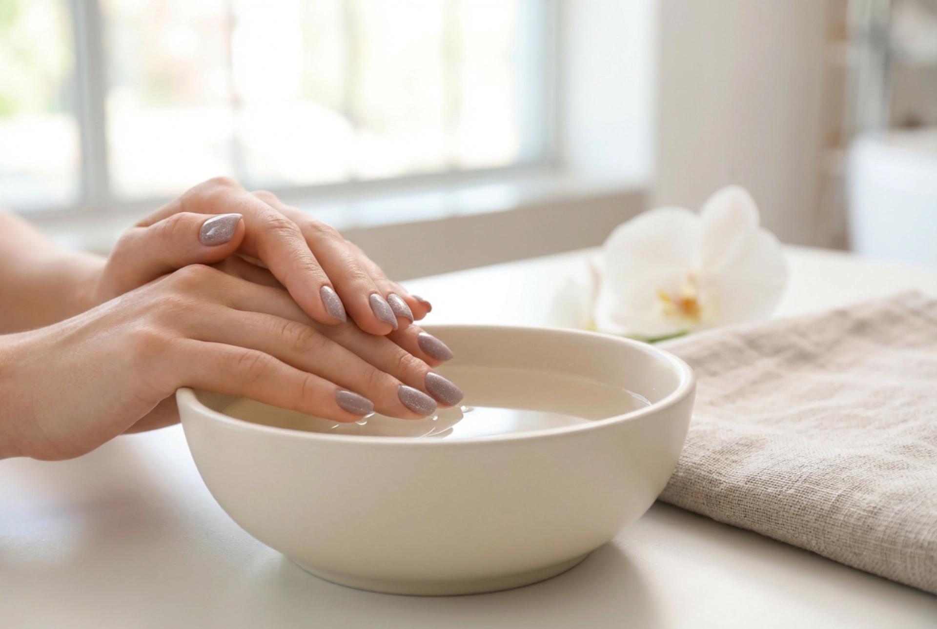 Rosa og grå negler med glitter: elegant glans uten overdrivelse