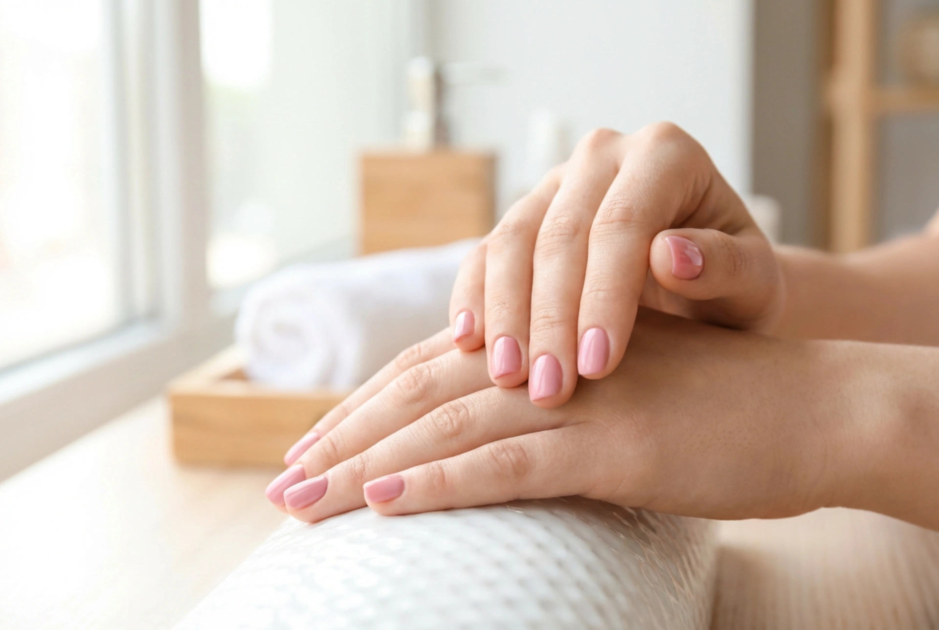 Rosa korte negler: optisk forlengelse og en ren kontur