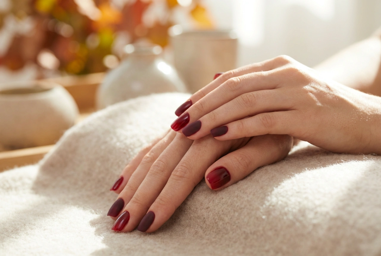 Burgunderfargede ombrenagler: høstkombinasjoner og matt/blank finish