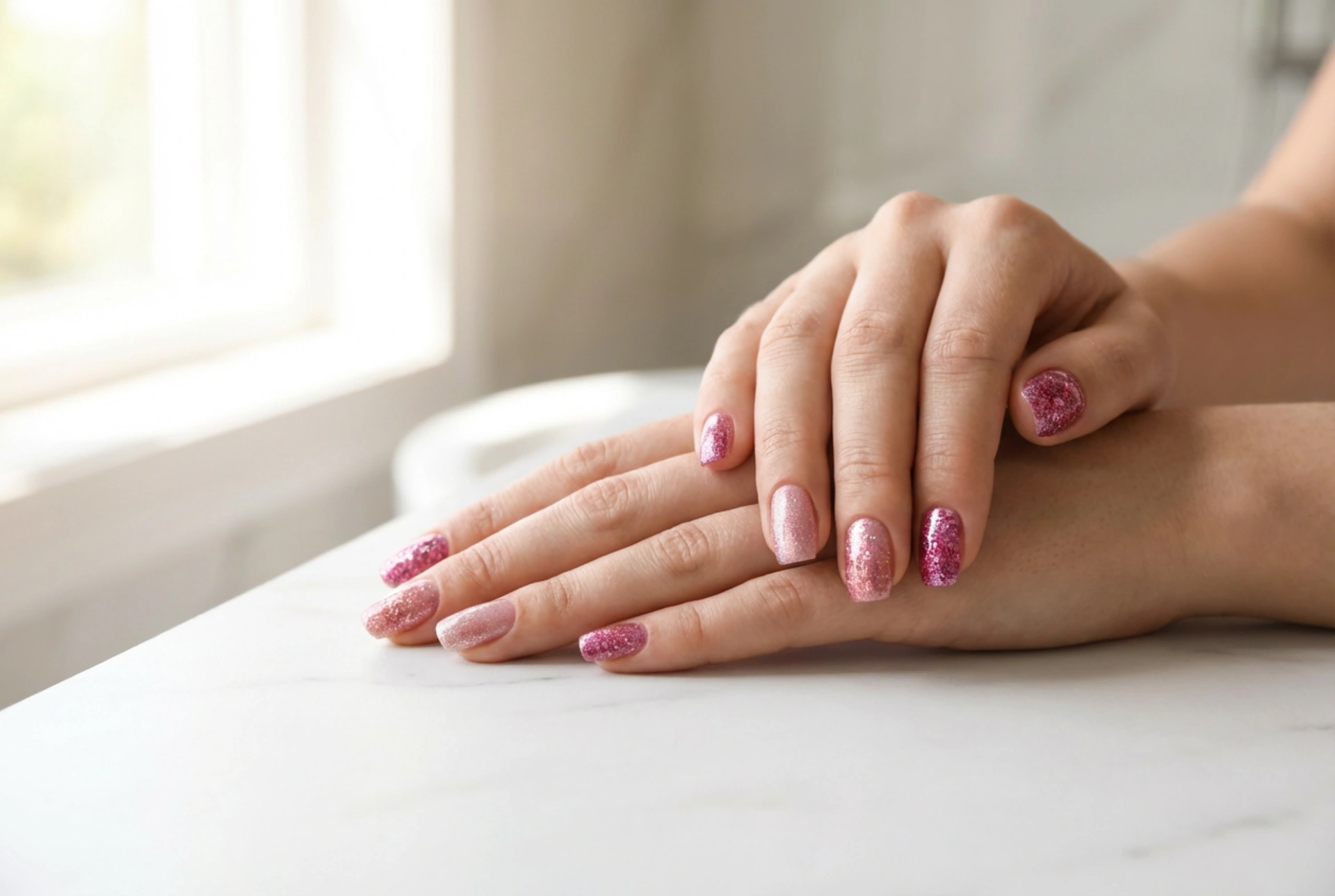 Rosa glitternegler: Hvordan kombinere nyanser og teksturer