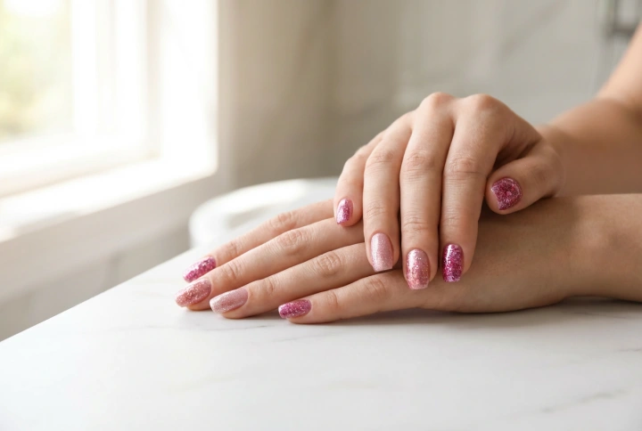 Rosa glitternegler: Hvordan kombinere nyanser og teksturer