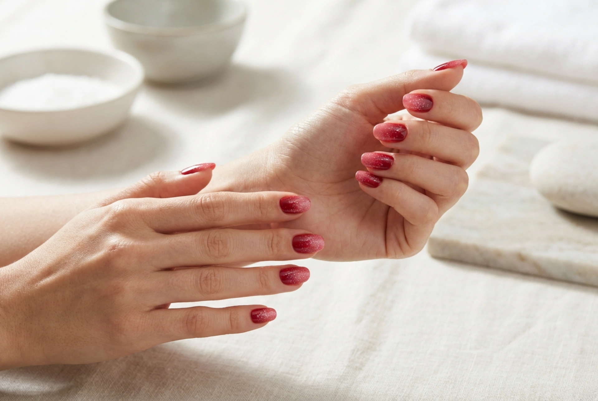 Røde ombre-negler med glitter: jevne overganger og glans uten søl