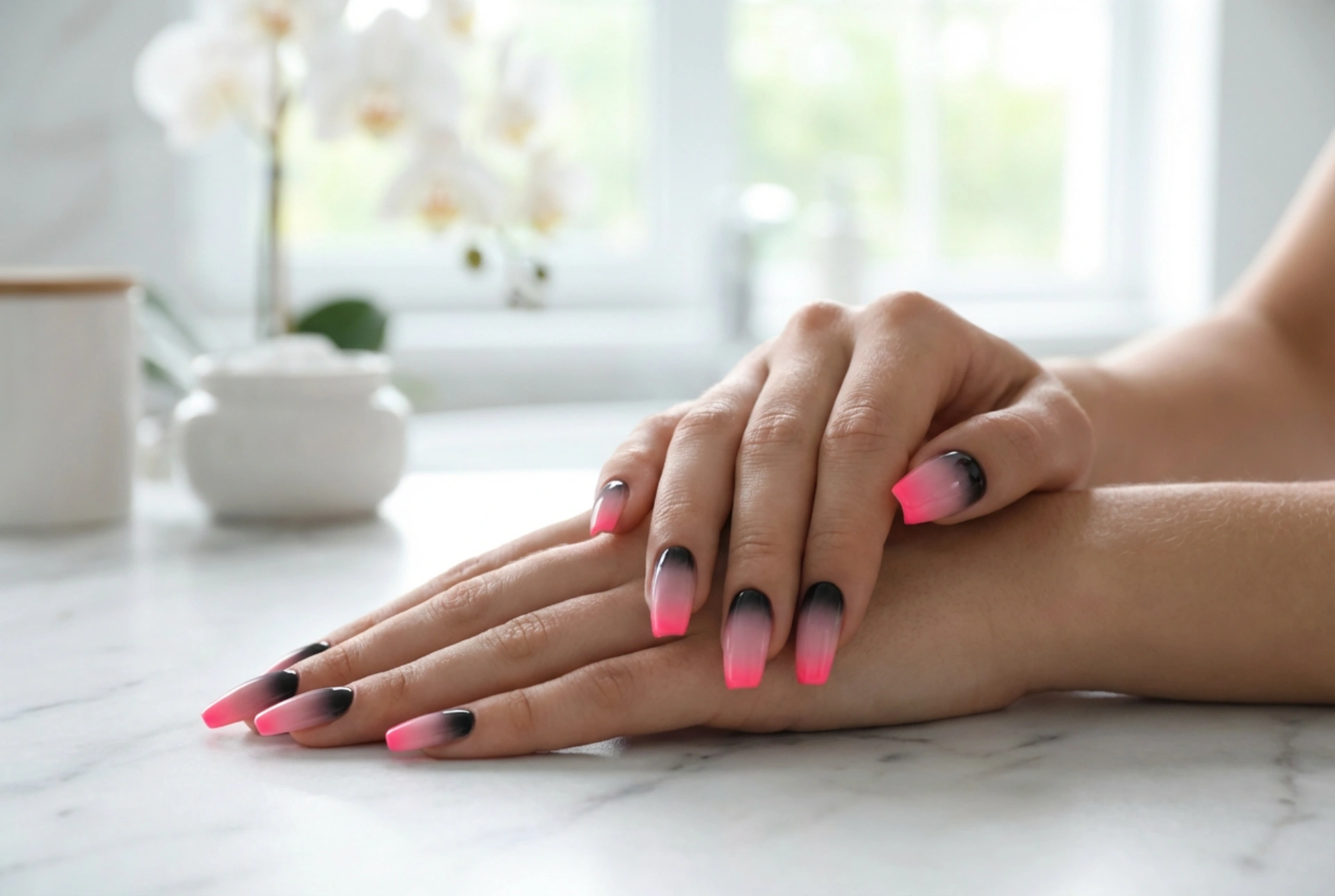 Svart og rosa ombre-negler: Fra neon til pastell, steg for steg