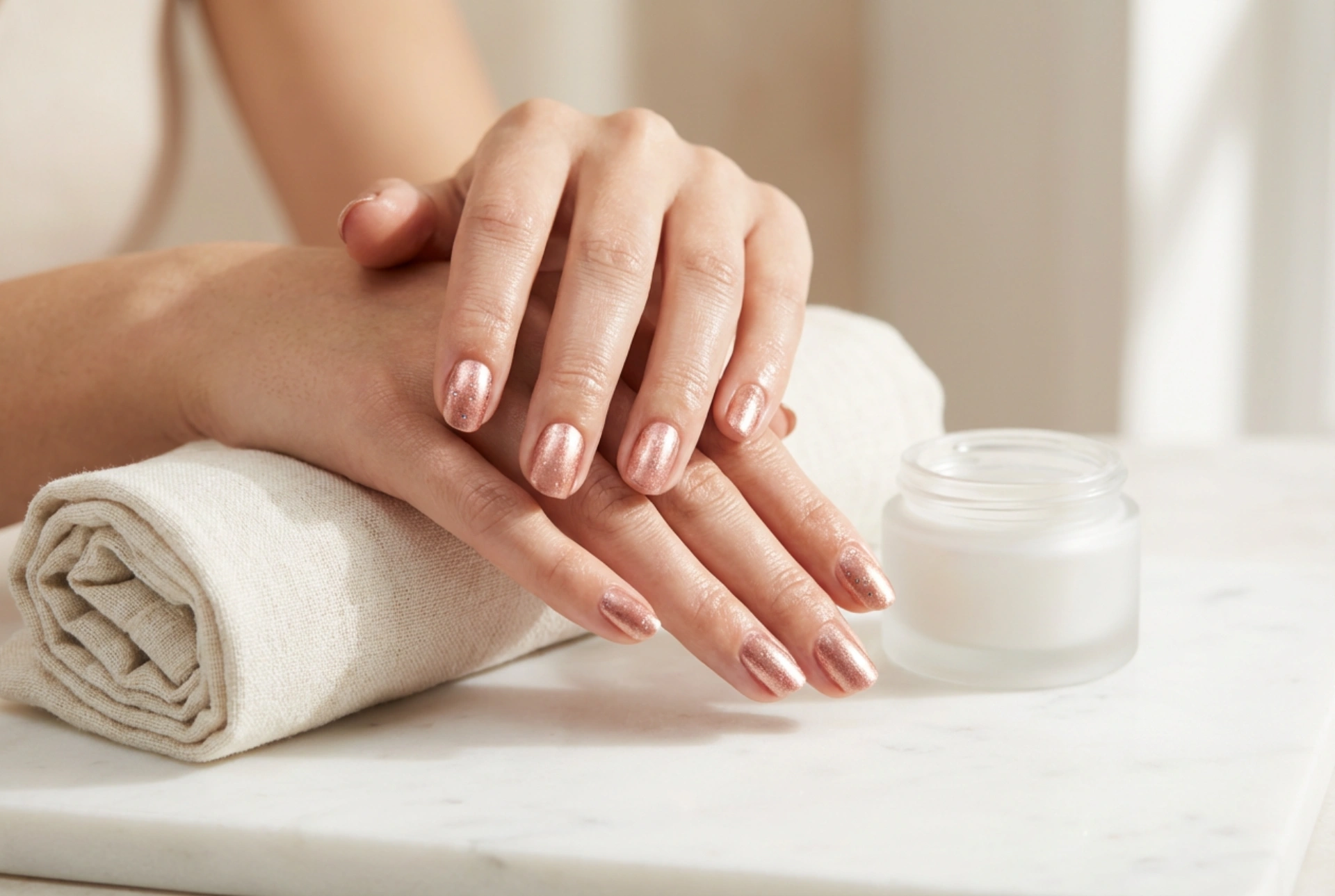 Rosegull-negler: hvordan kombinere nyanser og tilføre glans