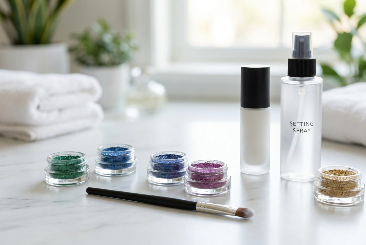 Glitterøyenskygge uten dryssing: Base, påføring og fiksering